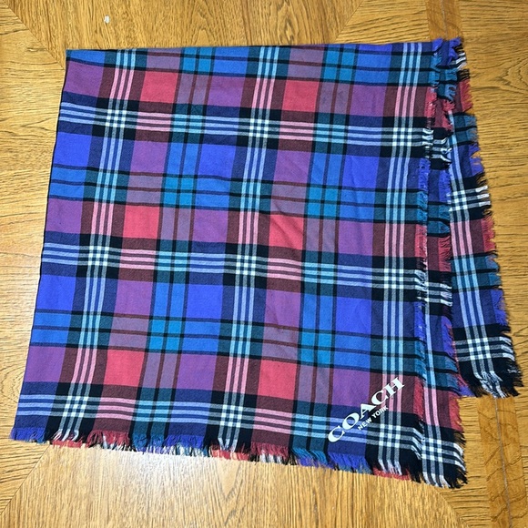 COACH Wool Tartan Stripe Plaid Oversized Scarf - Picture 2 of 6
